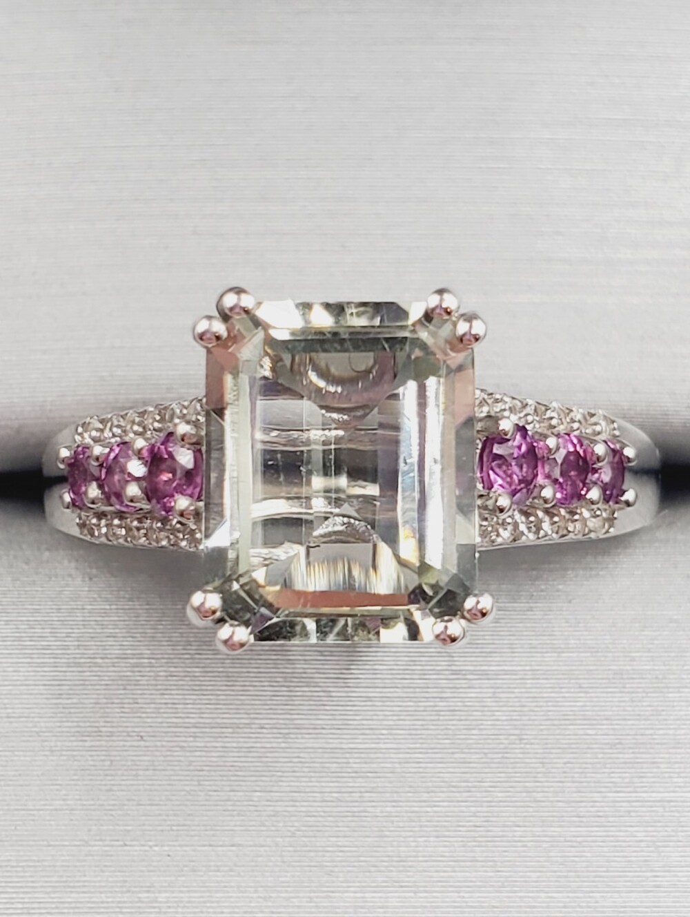 Emerald Cut Montezuma Prasiolite & Pink Tourmaline 925 Sterling Silver Ring